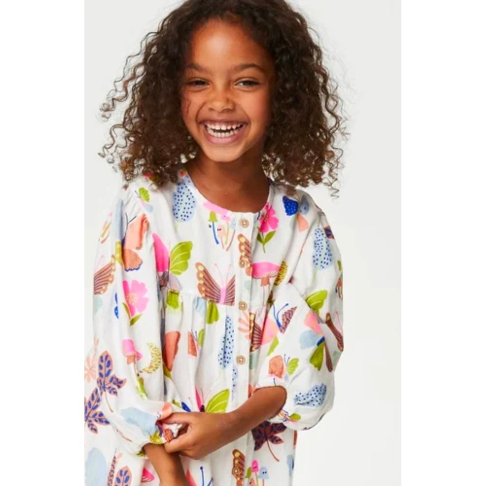 M&S Marks & Spencer Girls Butterfly Mushroom Print Dress Cream 7-8Y 128cm